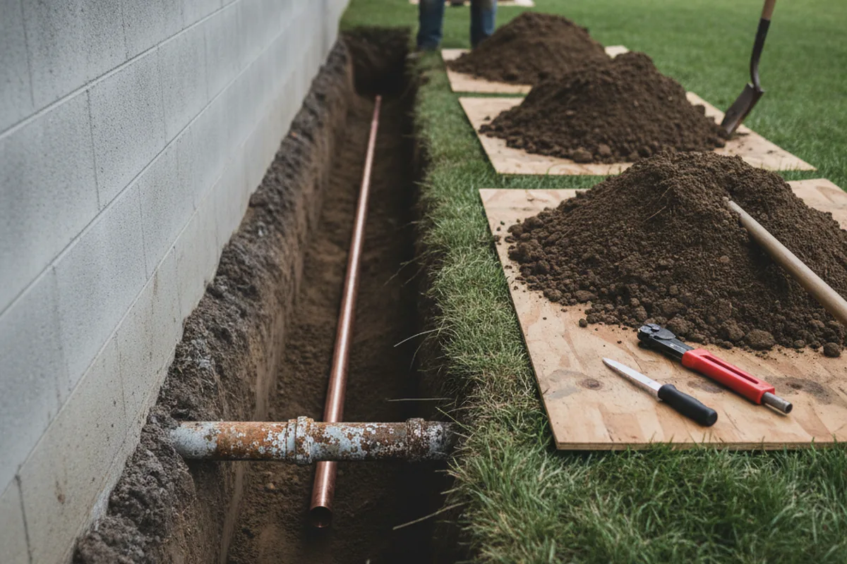 Excavated water line trench during Sewer Line Repair in Bloomfield